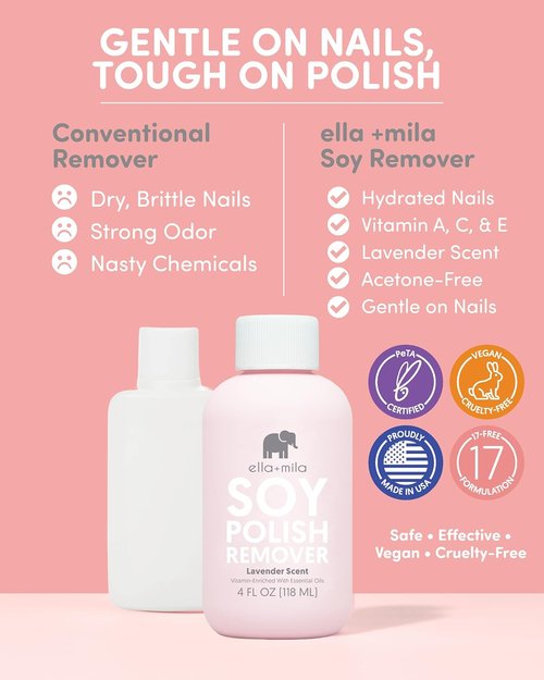 Ella+mila Soy Nail Polish Remover - Non-Toxic, Gentle Formula with Lavender Oil & Vitamins (4 fl oz)