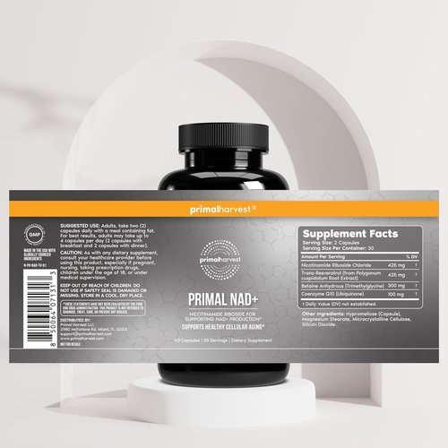 Primal Harvest NAD+ Supplement - Cellular Health & Energy Boost with Nicotinamide Riboside | 60 Capsules