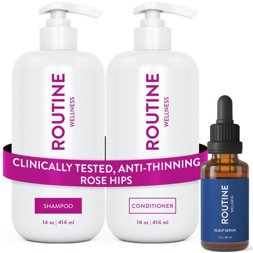 Routine Wellness Shampoo and Conditioner Set and Hair Serum for Thinning Hair - DHT Blocker Women & Men - Color Safe Shampoo for Hair Loss & Healthier Hair - Rose Hips Set