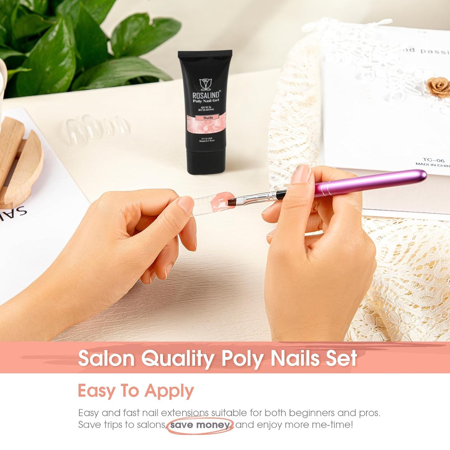 Nude Poly Extension Gel, ROSALIND 2.7 oz Light Nude Poly Nail Gel Builder for Nail Art Decoration, Thickening Extension Easy to DIY Use at Home Need UV Lamp