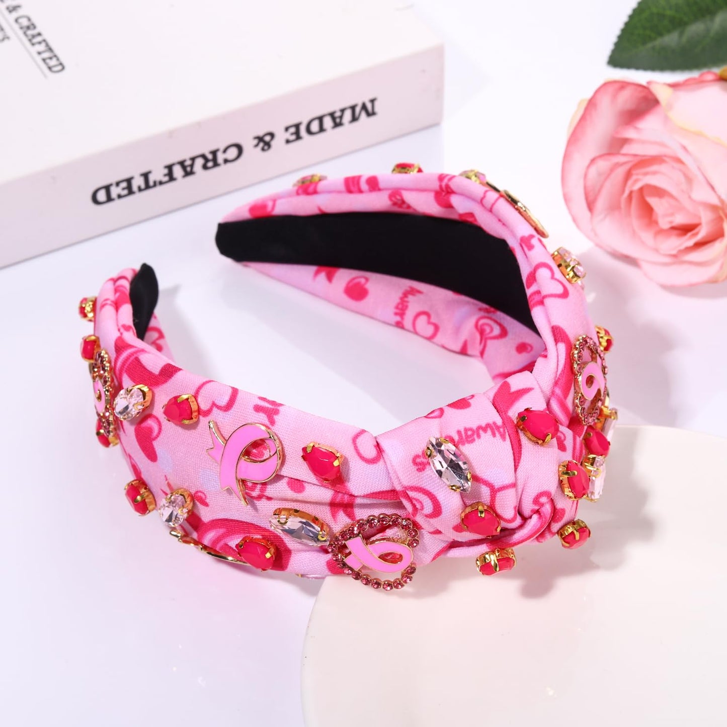 Breast Cancer Awareness Headband Pink Ribbon Headband Rhinestone Crystal Pearl Knotted Headband Beaded Jeweled Embellished Wide Top Knot Headbands Breast Cancer Survivor Accessories Gifts (Pink Ribbon