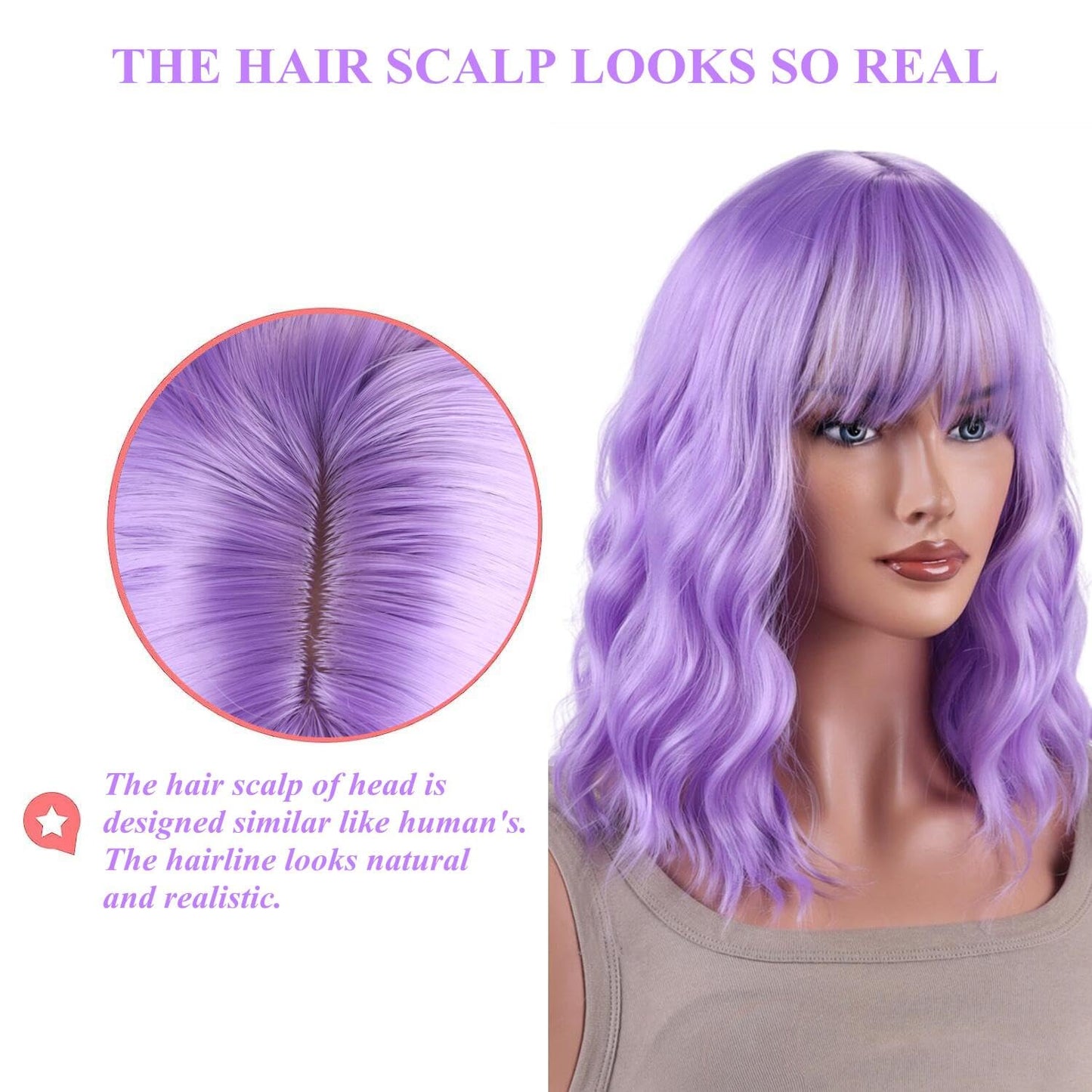 AneShe Lavender Purple Wig Short Purple Wavy Wig With Air Bangs Curly Synthetic Hair Wig Short Colorful Wavy Bob Wigs for Women Party Cosplay (14" Lavender Purple)