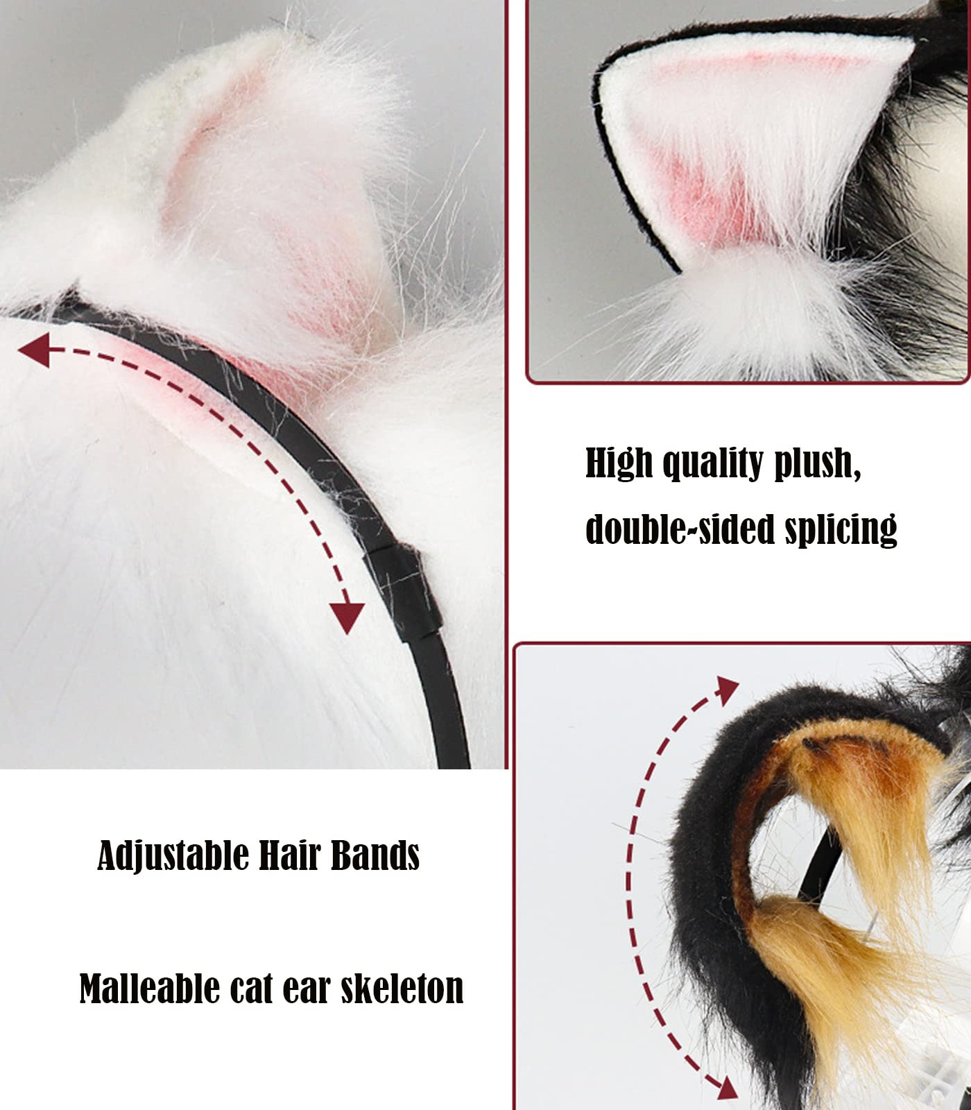 Cat Ears Long Fur Headband Handmade Cute Halloween Fancy Dress Cosplay Animal Furry Wolf Ears Hair Hoop (White)