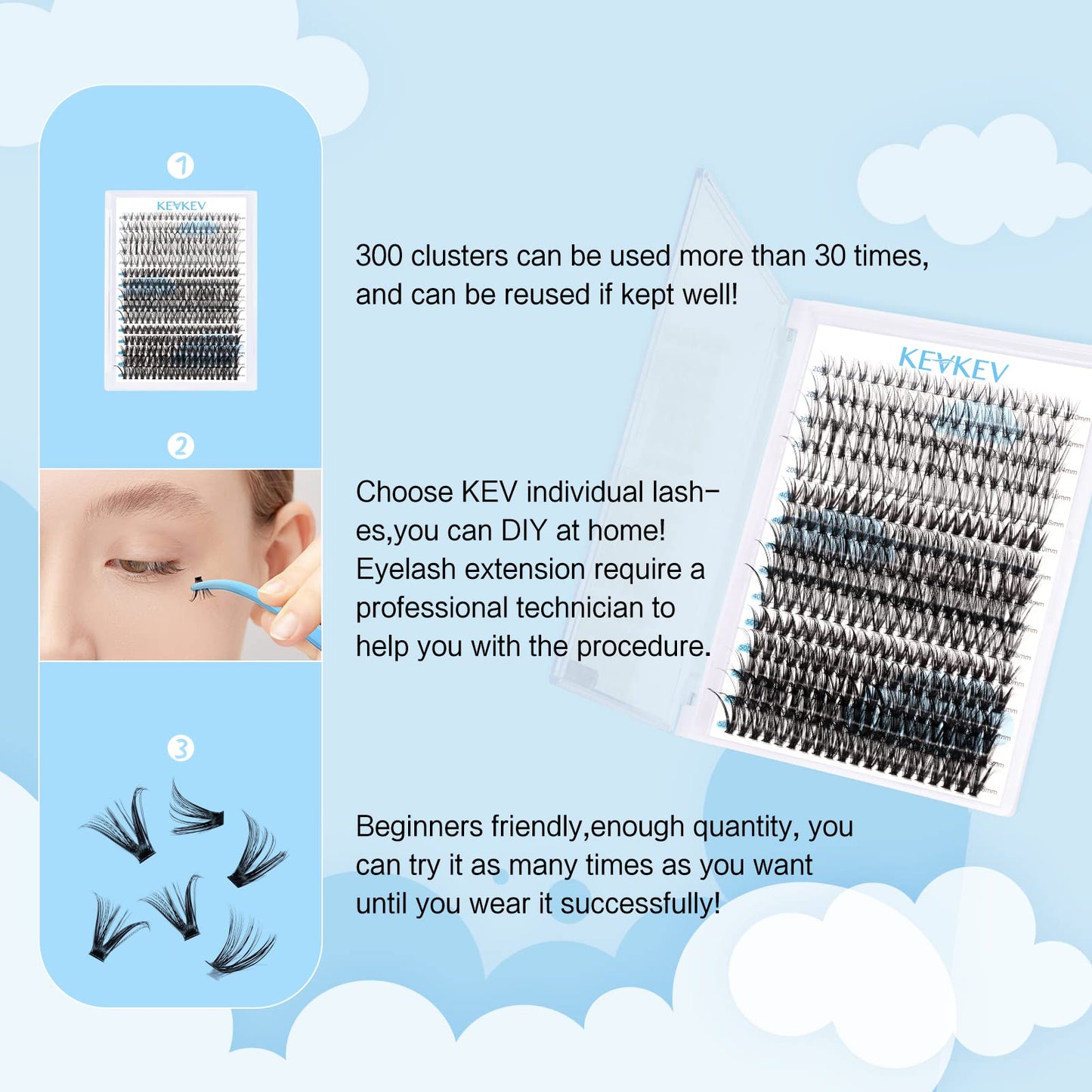 KevKev 300 Pcs Lash Clusters Individual Lashes 20D+40D+50D Cluster Lashes+KevKev Lash Bond & Overnight Sealer for Lash Clusters