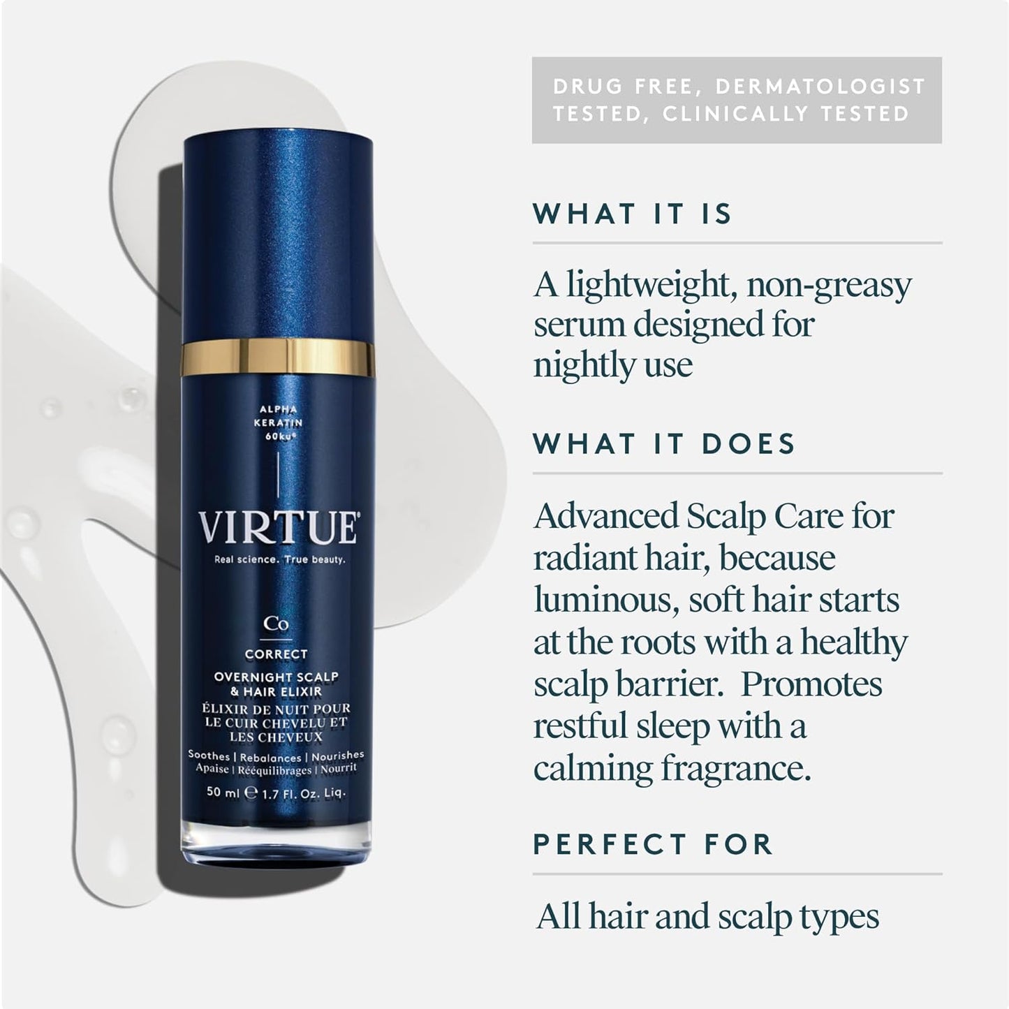 VIRTUE Correct Overnight Scalp & Hair Elixir - Drug-Free, Dermatologist Tested, 1.7 Fl Oz