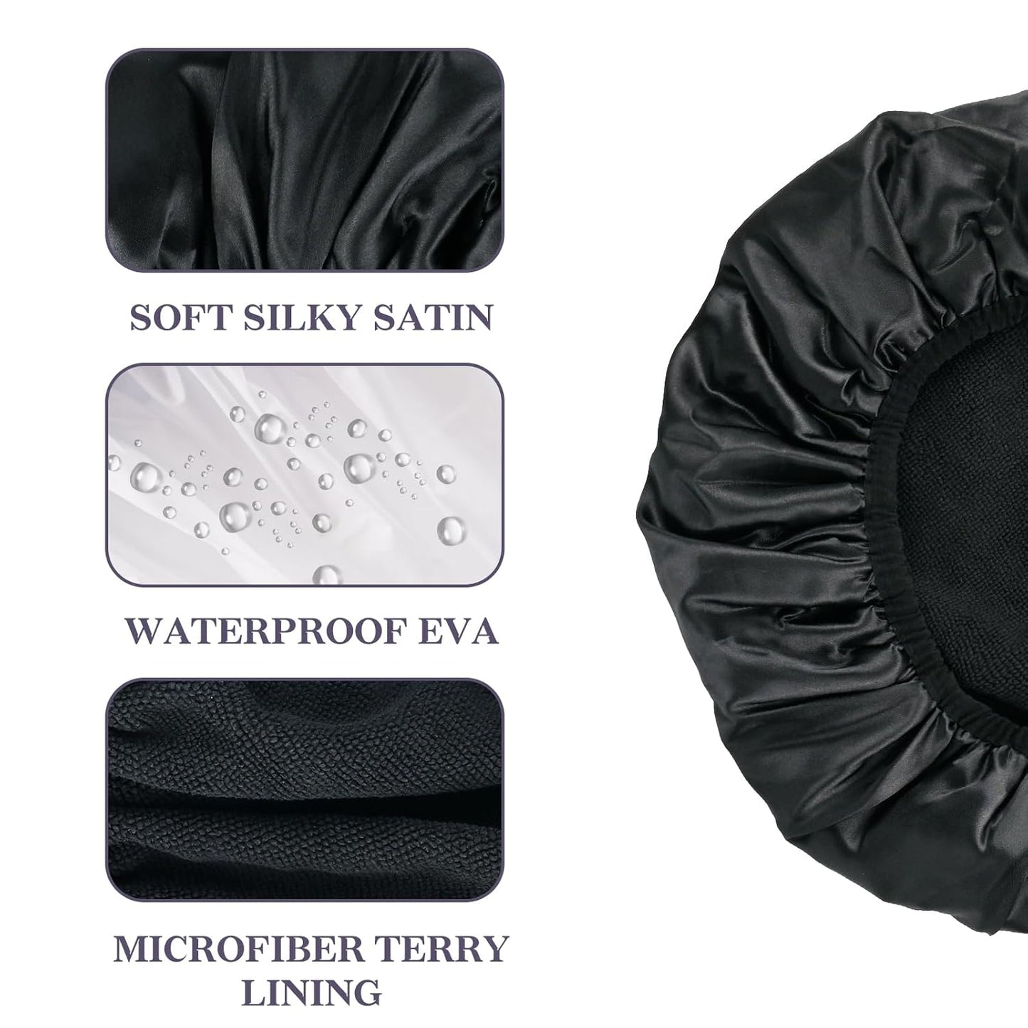 Skiennix Satin Shower Cap - Three-Layer Terry Cloth Lined, Waterproof & Reusable for Long Hair (Black)