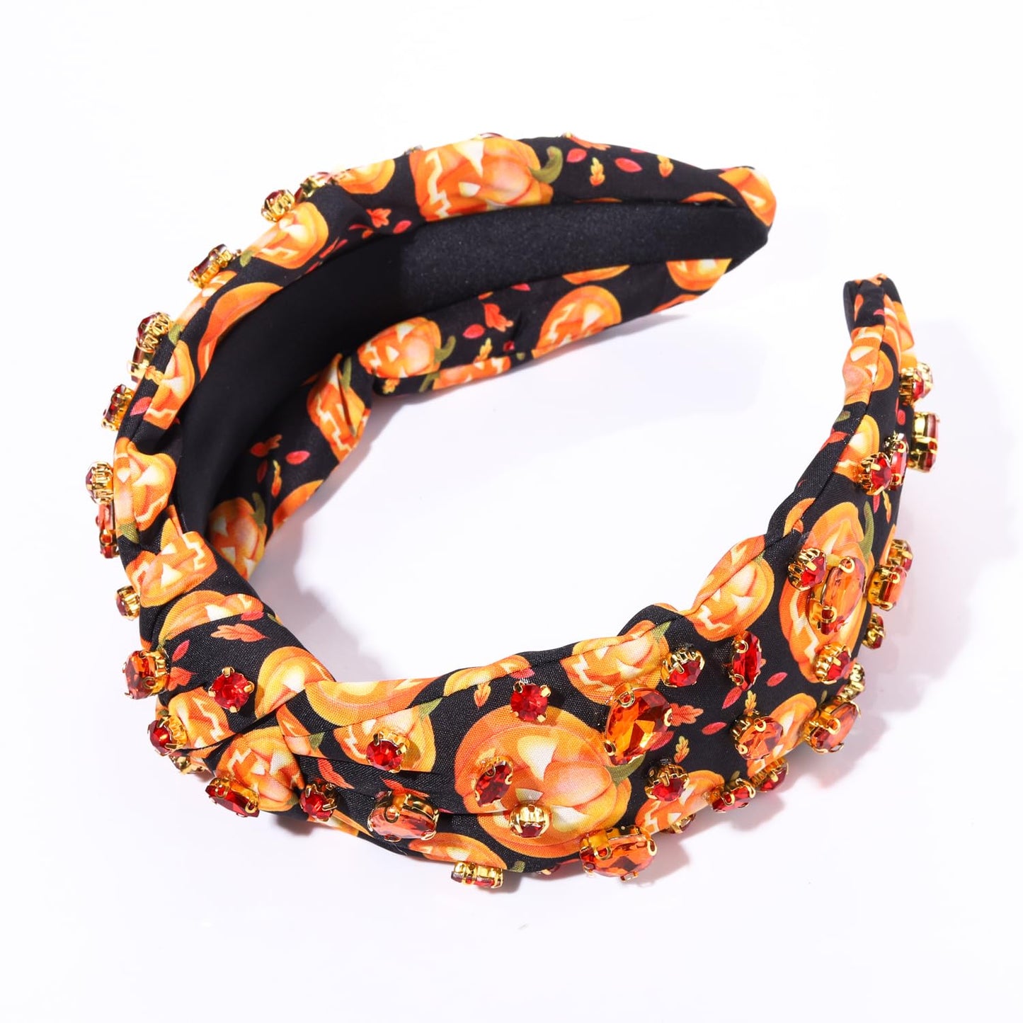 Halloween Headband Crystal Knotted Headband for Women Pumpkin Rhinestone Jeweled Embellished Print Wide Top Knot Hairband Halloween Costume Party Hair Accessory