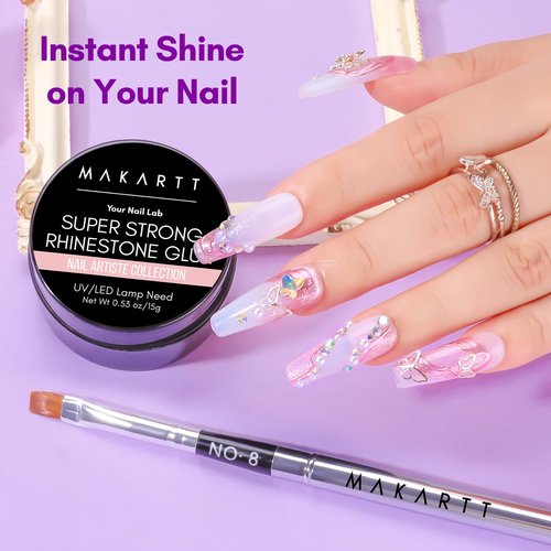 Makartt Rhinestone Glue for Nails, 15ml Clear Nail Gem Adhesive with Brush Kit for 3D DIY Decorations, Super Strong Bling Gel for Jewelry Diamonds