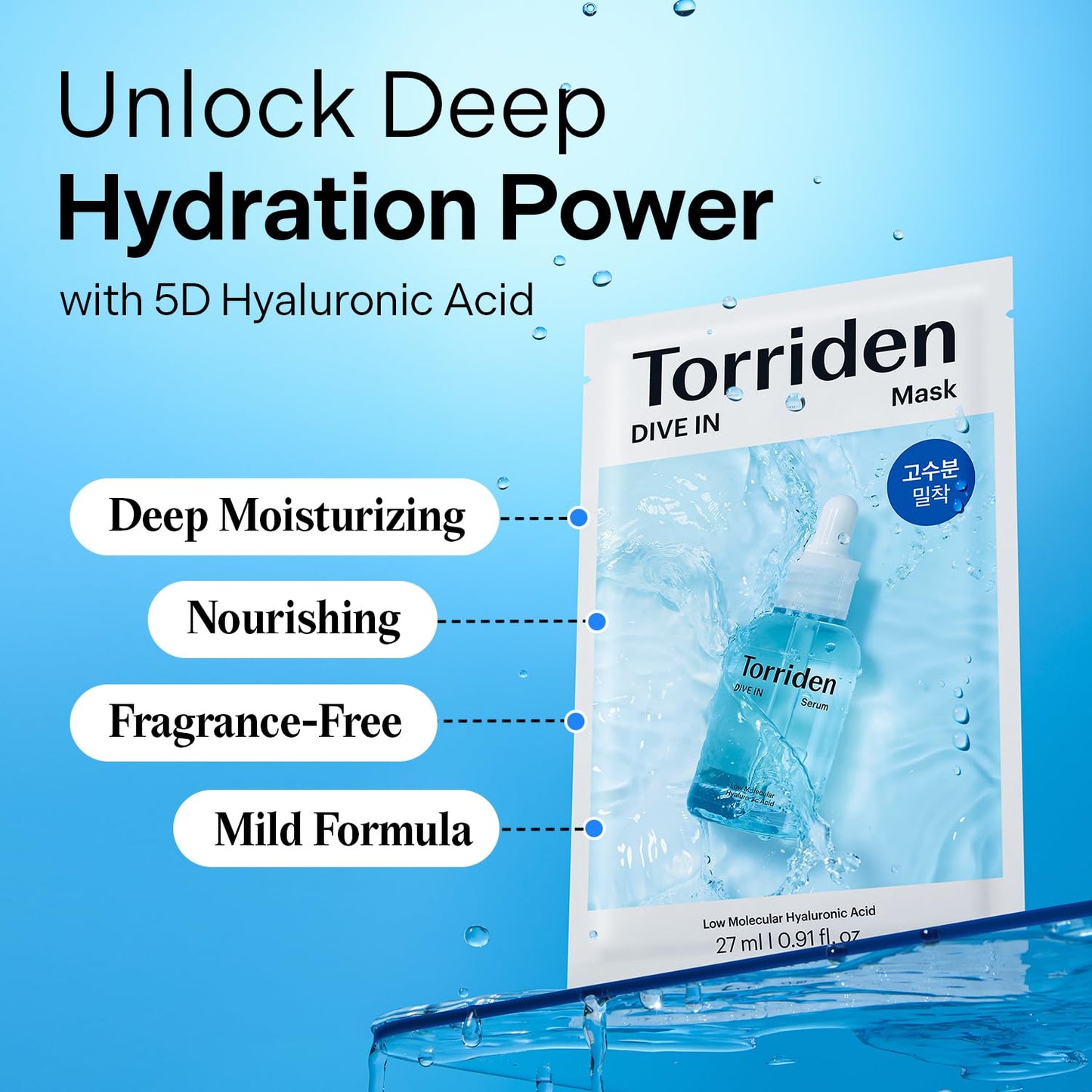 Torriden DIVE IN Hyaluronic Acid Facial Mask - Deep Hydration Korean Sheet Mask (10 Sheets) | Panthenol & Allantoin