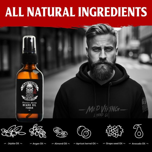 Mad Viking Fenrir Beard Oil - Naturally Hydrate, Soften & Grow Your Beard | 2oz Bold Neroli, Rum & Tobacco Scent