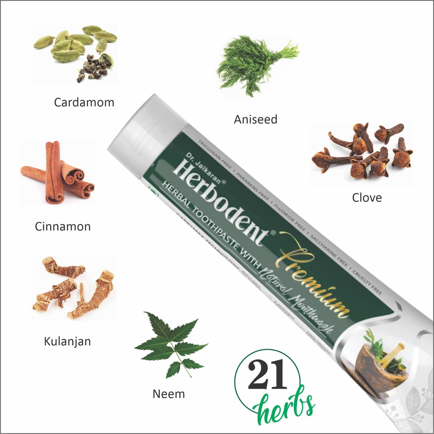 Herbodent® Premium Toothpaste - 21 Herbs for Strong Teeth & Healthy Gums - Neem, Clove, Cinnamon, Cardamom with Natural Mouthwash - No Paraben, No Fluoride, No Saccharin, No Triclosan (2, 5.82 Ounce)
