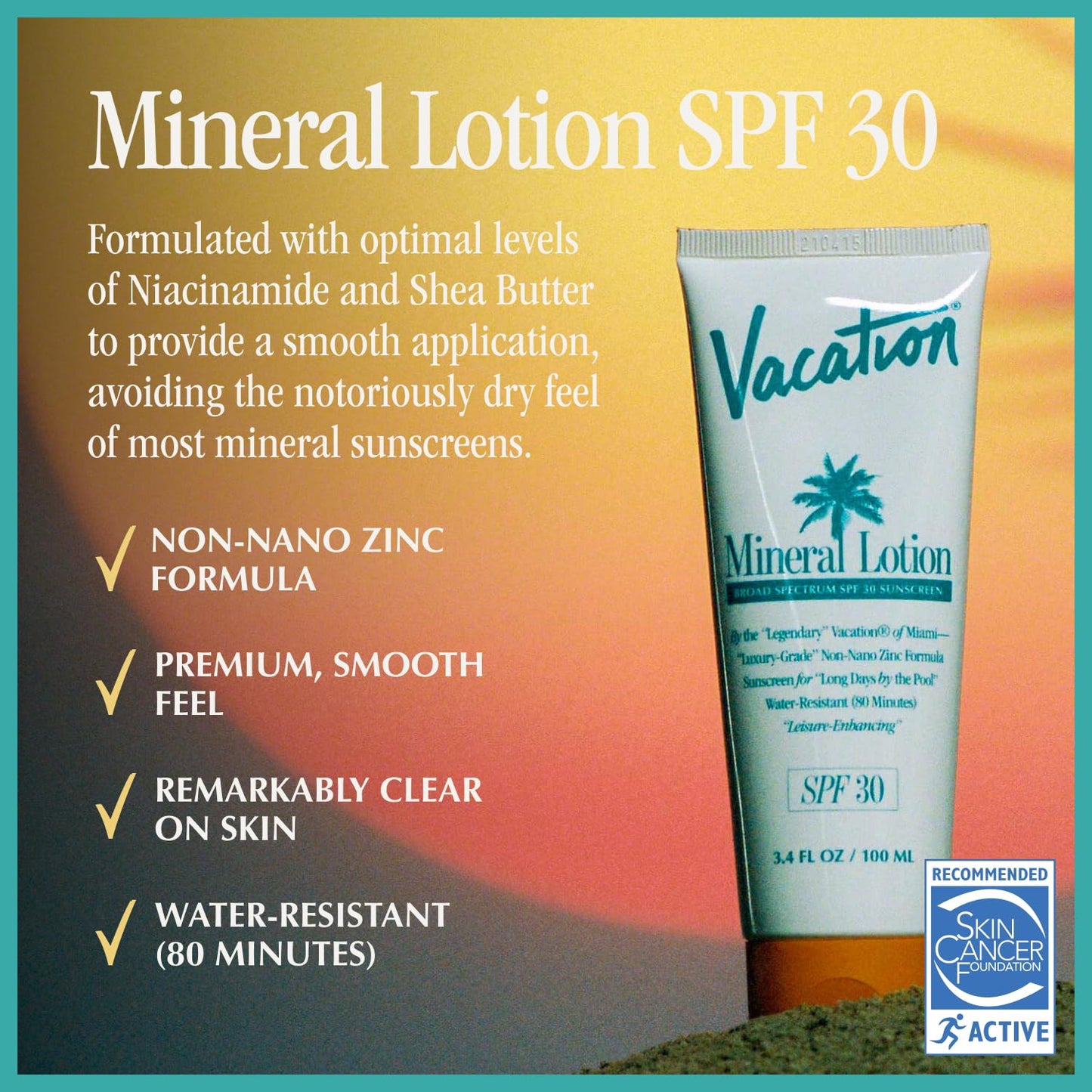 Vacation Mineral Lotion Sunscreen SPF 30 - Non-Nano Zinc Oxide, Water-Resistant, Travel Size 3.4 Fl. Oz.