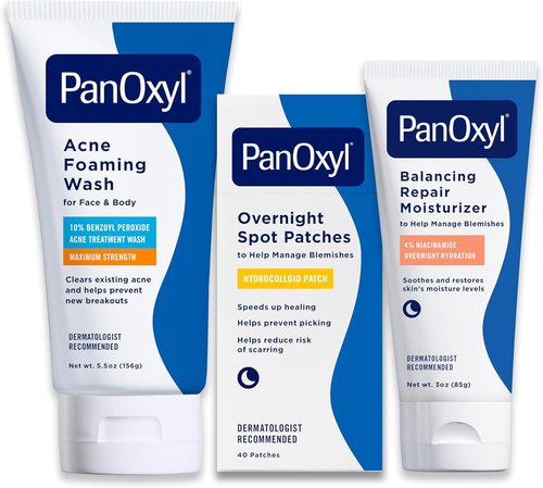 PanOxyl Acne Foaming Wash Bundle - 10% Benzoyl Peroxide, Overnight Spot Patches & Repair Moisturizer