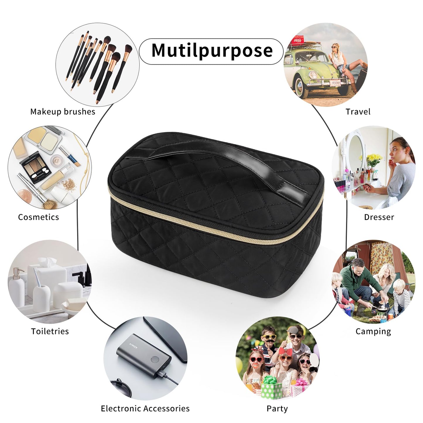 OCHEAL Travel Makeup Bag,large Capacity Travel Cosmetic Bag,Medium Makeup Bag Organizer Diamond Texture Makeup case with Handle and Brush Storage Area -Black