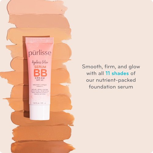Pūrlisse Ageless Glow Serum BB Cream SPF 40 - Hydrating BB Cream with Bakuchiol & Vitamin C for Youthful Skin - Light Medium (1.4 oz)