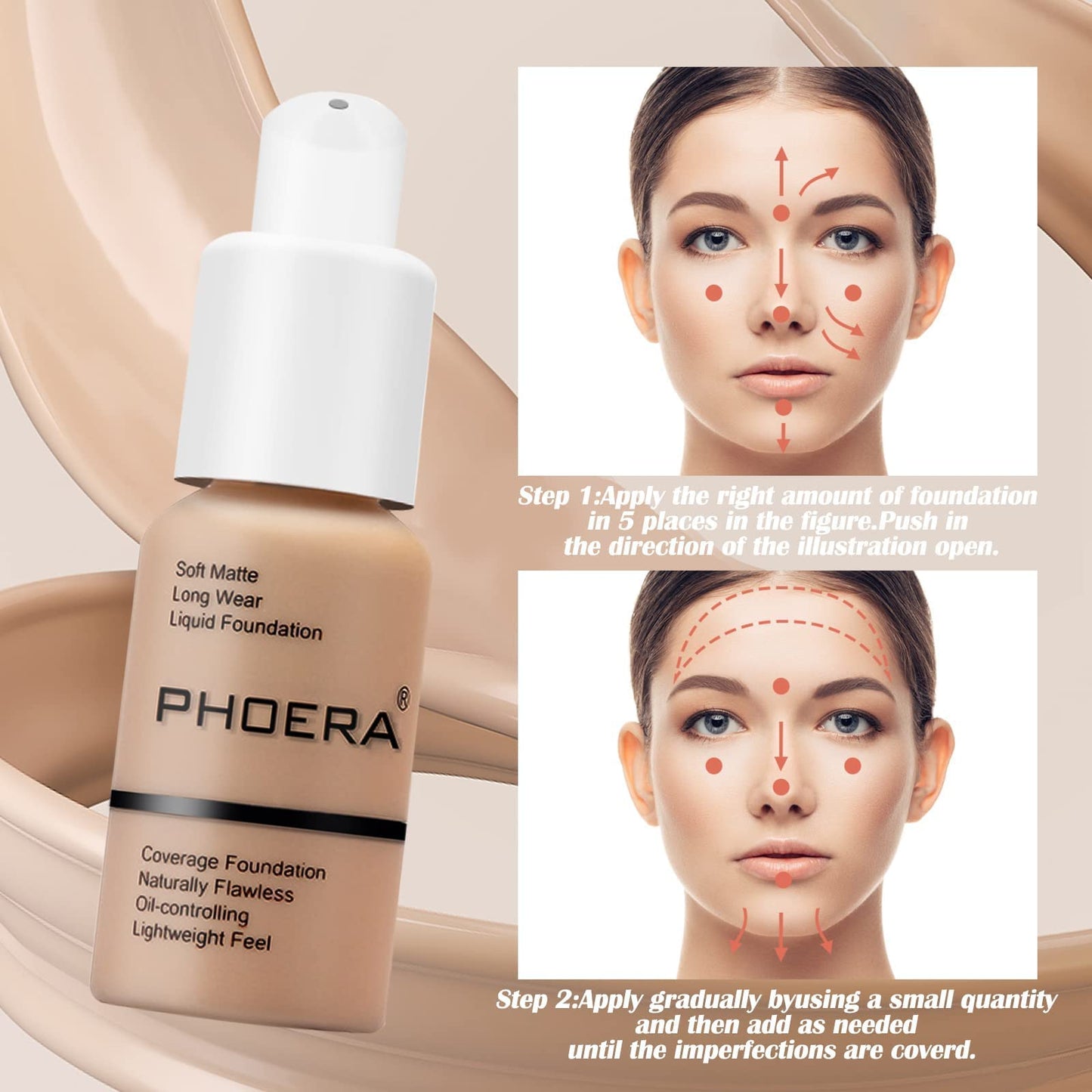 PHOERA Foundation Makeup Naturally Liquid Foundation Full Coverage Mattle Oil-Control Concealer 8 Colors Optional,Great Choice For Gift (#101 Porcelain(2pcs))