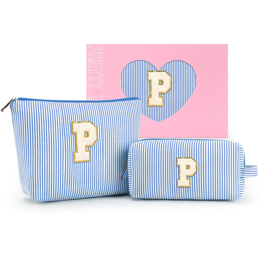 mibasies 2 PCS Initial Makeup Bags for Women: Cosmetic Bag for Travel Toiletry - Birthday Gifts for Girls Sister Wife Friend Daughter - Preppy Teen Girl Gifts Trendy Stuff - Blue P