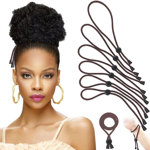 6pcs Brown Adjustable Hair Ties - Long, Extra Length Scrunchies for Thick Hair, Afro Puffs & Ponytails - One Handed Use