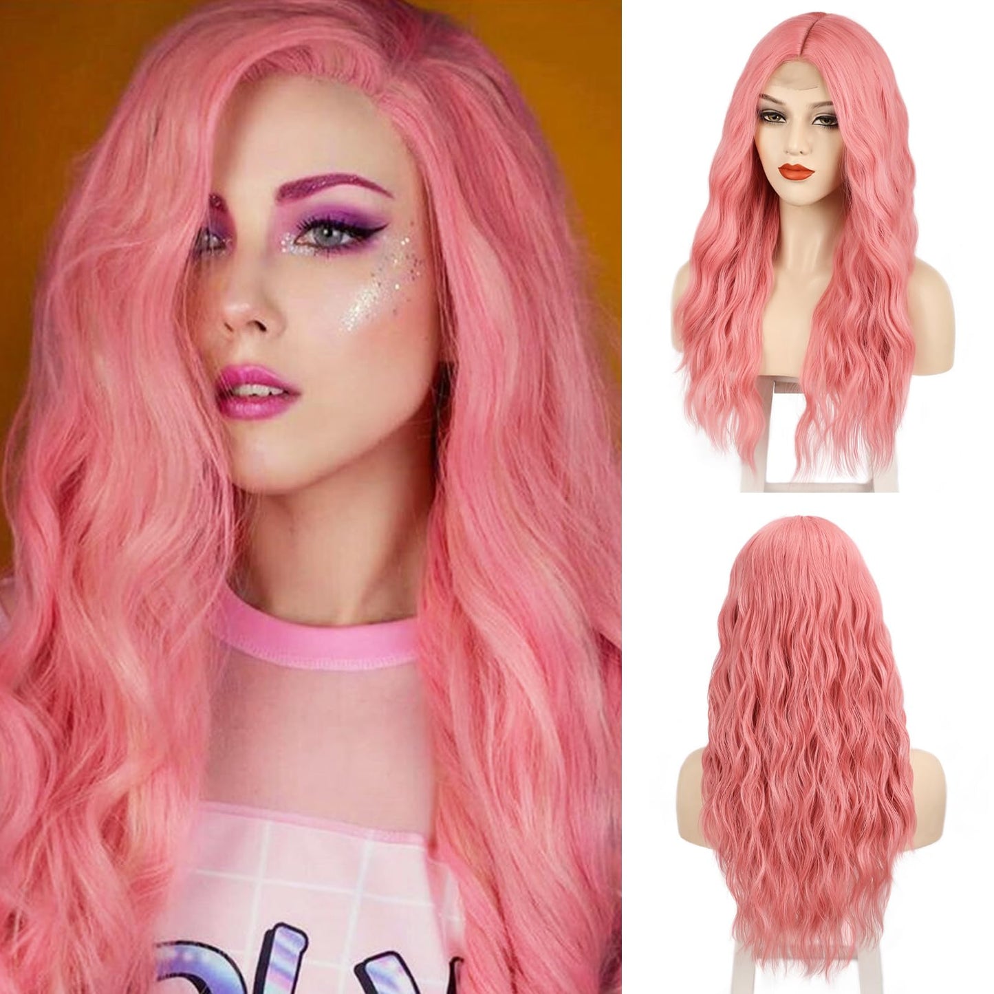 Wirctp Pink Wig Long Wavy Wigs for Women 24 Inch Curly Pastel Pink Synthetic Wig Light Pink Colorful Wig for Daily Cosplay Party Halloween Costume Use