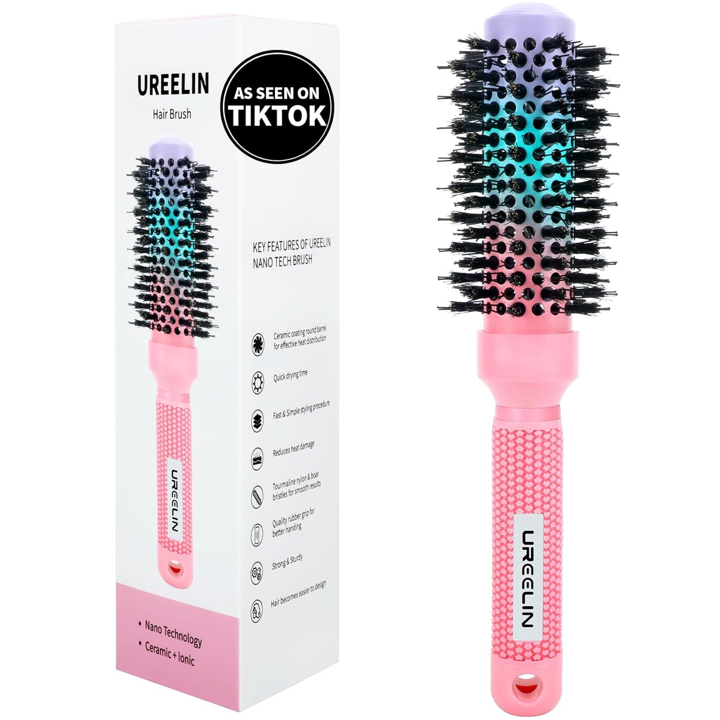 UREELIN Round Brush - 1.3 Inch Nano Thermal Ceramic & Ionic Hair Brush with Boar Bristles for Volumizing & Smooth Styling