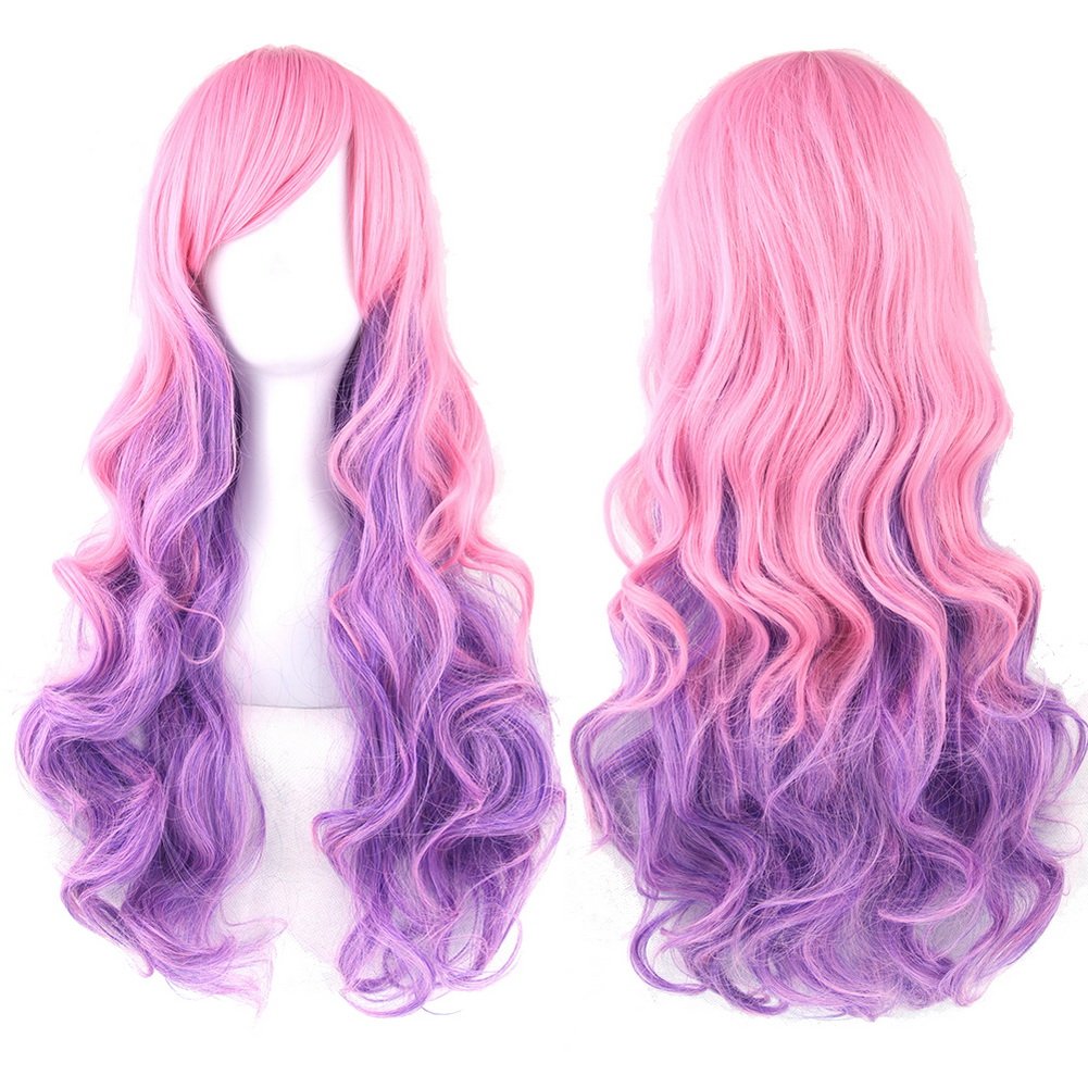 Straightened length 27.6"Wig Gradient color Long Curly Wavy Hair Women and Girl Cosplay Party Costume Wig(pink Mixed lilac)