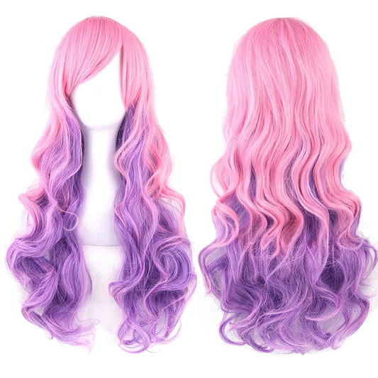 Straightened length 27.6"Wig Gradient color Long Curly Wavy Hair Women and Girl Cosplay Party Costume Wig(pink Mixed lilac)