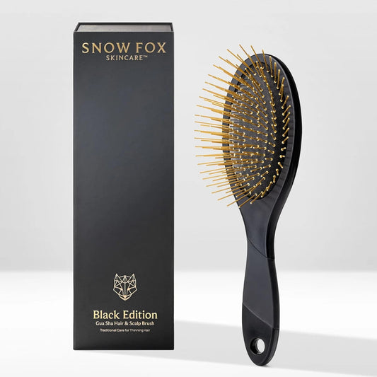 Snow Fox Skincare Gua Sha Hair Brush - Black Edition | Scalp Massage Comb with Gold-Plated Bristles for Healthy Hair