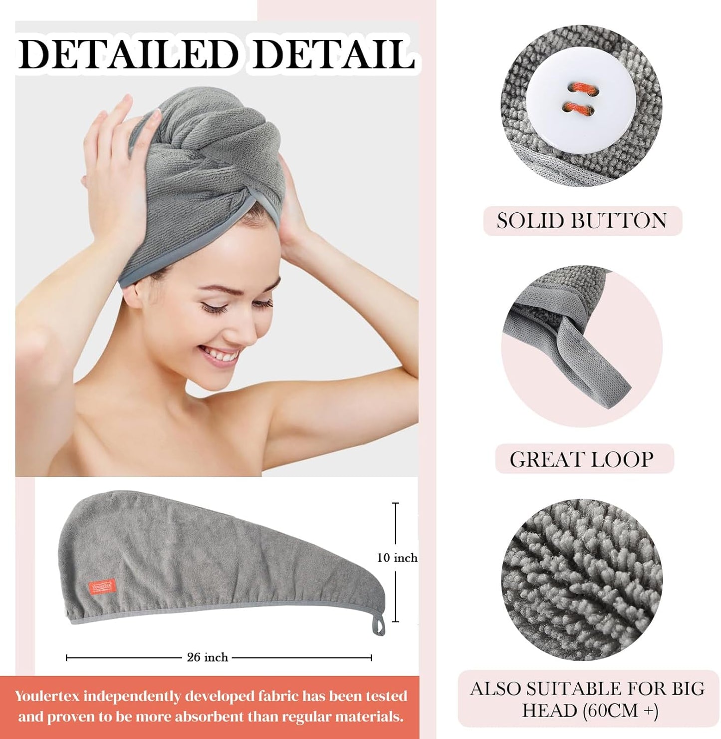 YoulerTex Microfiber Hair Towel Wraps - 2 Pack Absorbent Turban for Curly Hair Care (Beige)