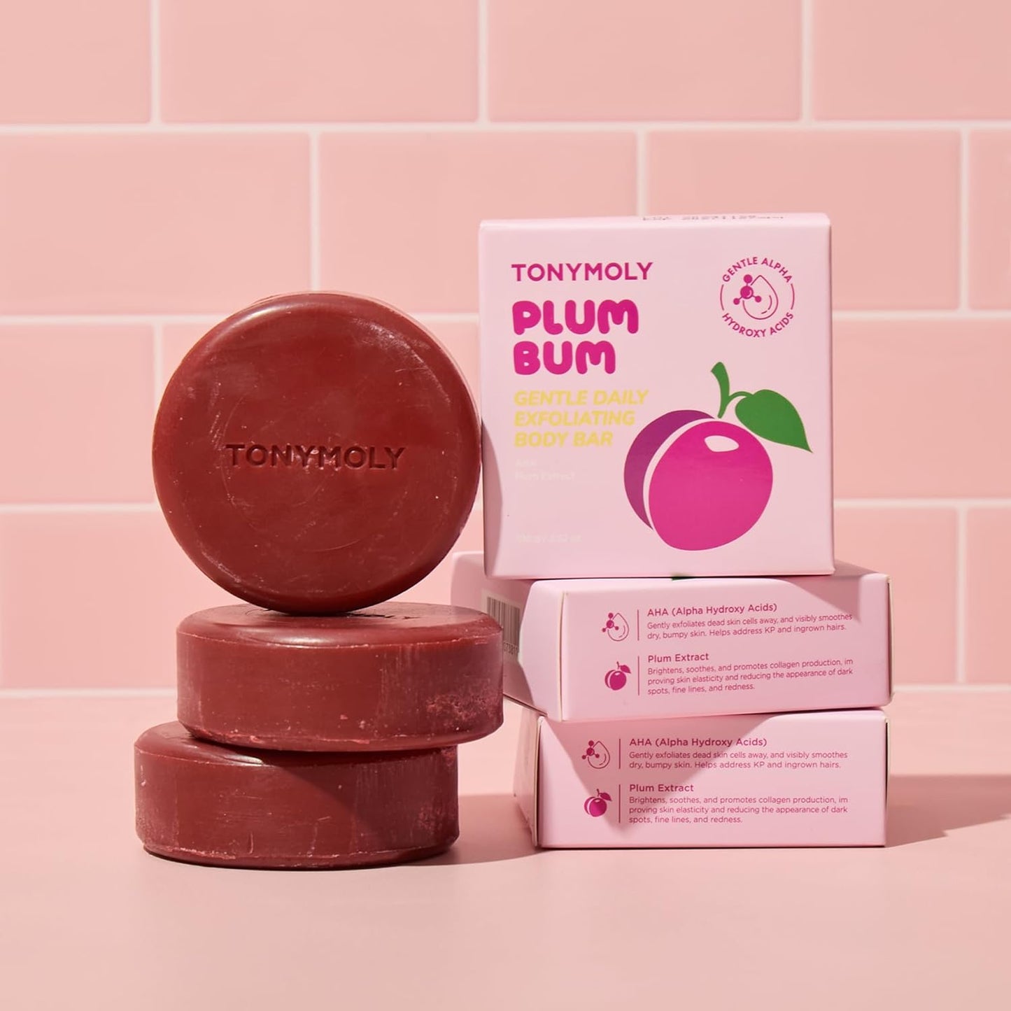 TONYMOLY Plum Bum AHA Exfoliating Body Bar Gentle Daily Buffing & Smoothing Soap with Alpha Hydroxy Acids (AHA), Plum & Cica Extract for Soft, Healthy-Looking Skin