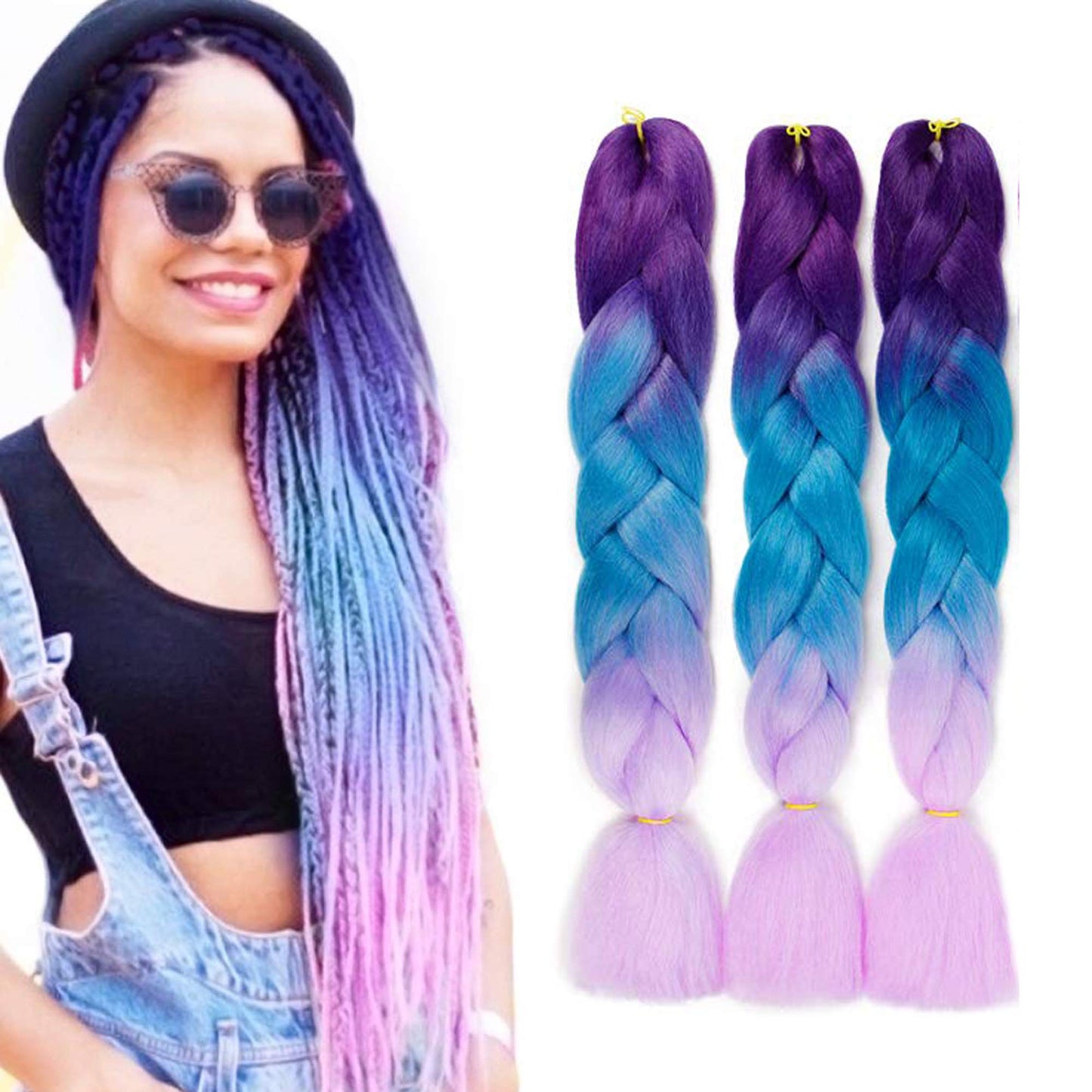 Braiding Hair Synthetic Hair Extensions Ombre Twist Braids Hair Hair Extensions 3Pcs/Lot(24" Purple-Lake Blue-Violet)