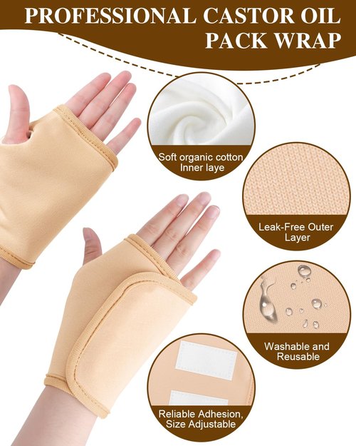Uwbettry 2 Pcs Castor Oil Pack Wrap for Hands, Reusable Organic Cotton Hand Castor Oil Pads, Self Adhesive Adjustable Hand Wraps, Prevent Leakage, Comfort Fit (Khaki)