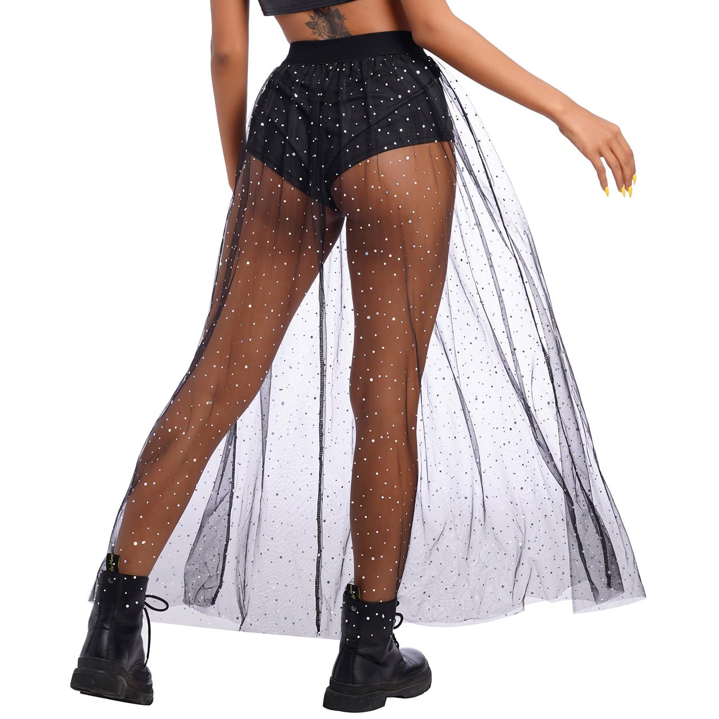 Women's Sheer Mesh 2 in 1 Glitter Sequin Elasticized High Waist A Line Party Maxi Skirt Sparkle Galaxy Sequin Tulle Cover ups Festival Outfits Costume Black Polka Dot S