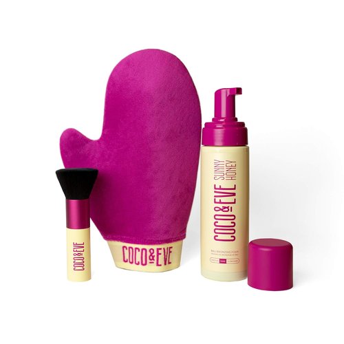 Coco & Eve Self Tanner Foam Bundle - Dark Streak-Free Sunless Tanning Mousse with Mitt & Kabuki Brush | Vegan & Cruelty-Free