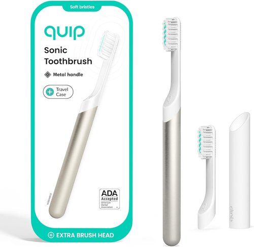 Quip Metal Sonic Electric Toothbrush - Soft Bristles, Travel Case & Replacement Head | 3-Month Battery Life, Moonlight Champagne
