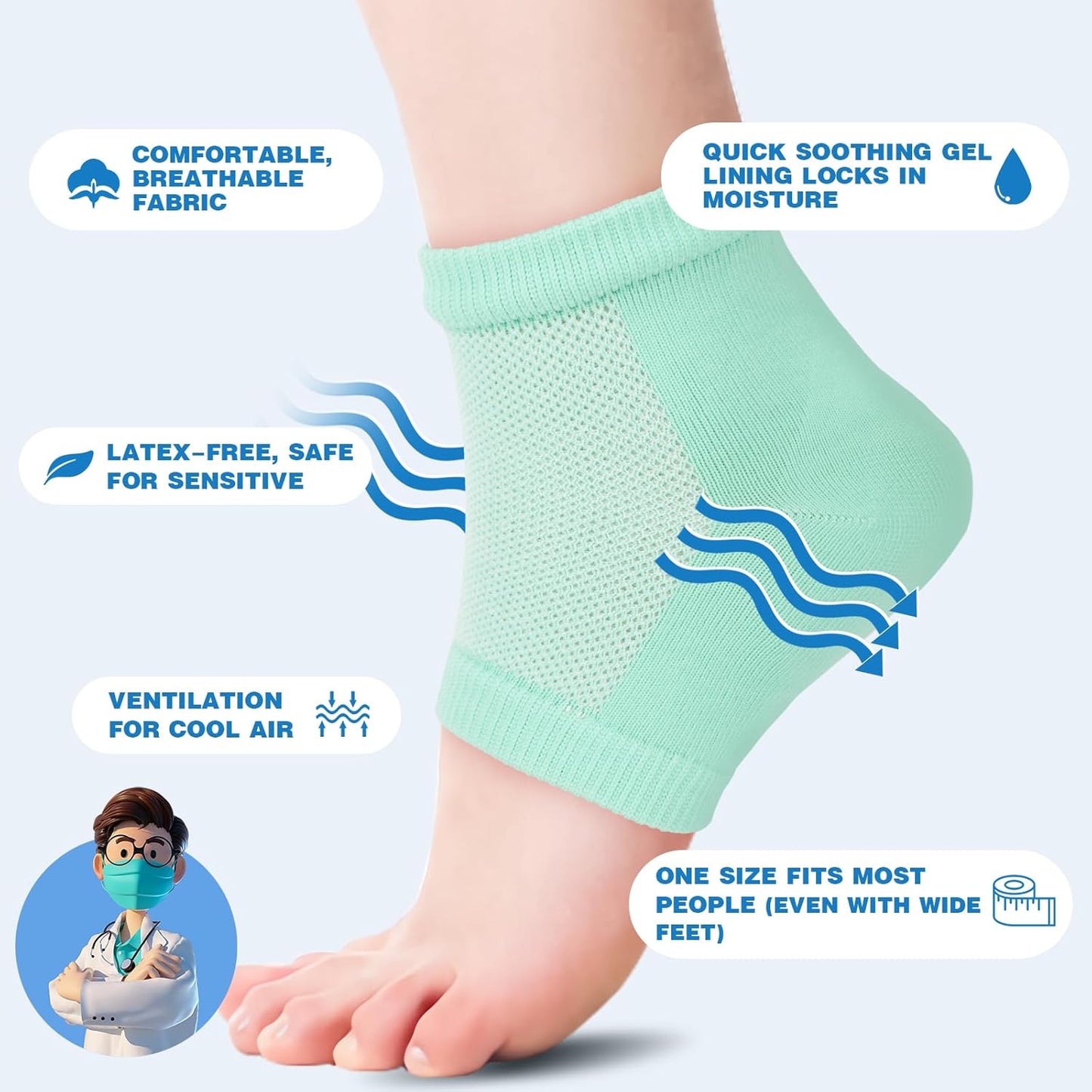 TEAWOO Moisturizing Heel Socks - 6 Pairs of Toeless Gel Socks for Hydrated, Soft Feet