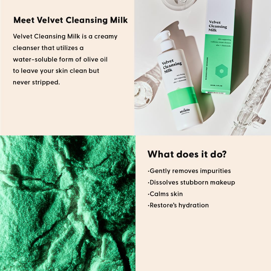 Stratia Velvet Cleansing Milk - Gentle Cream Face Cleanser with Chamomile & Aloe Vera | 8 Fl Oz