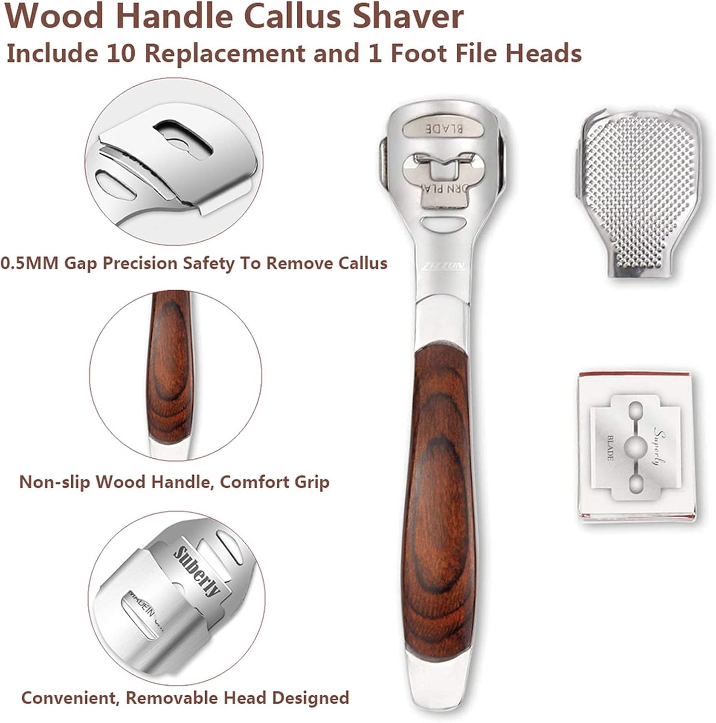 Skiennix Colossal Foot Rasp & Callus Shaver Kit - 10 Replacement Heads & Wood Handle for Smooth Feet