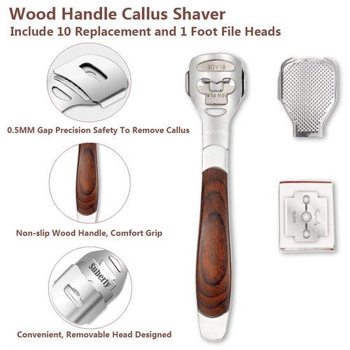 Colossal Foot Rasp & Wood Handle Callus Shaver (10 Replacement & 1 File Foot Heads), Pedicure Foot File Kit, Heel Scraper for Feet, Foot File Callus Remover