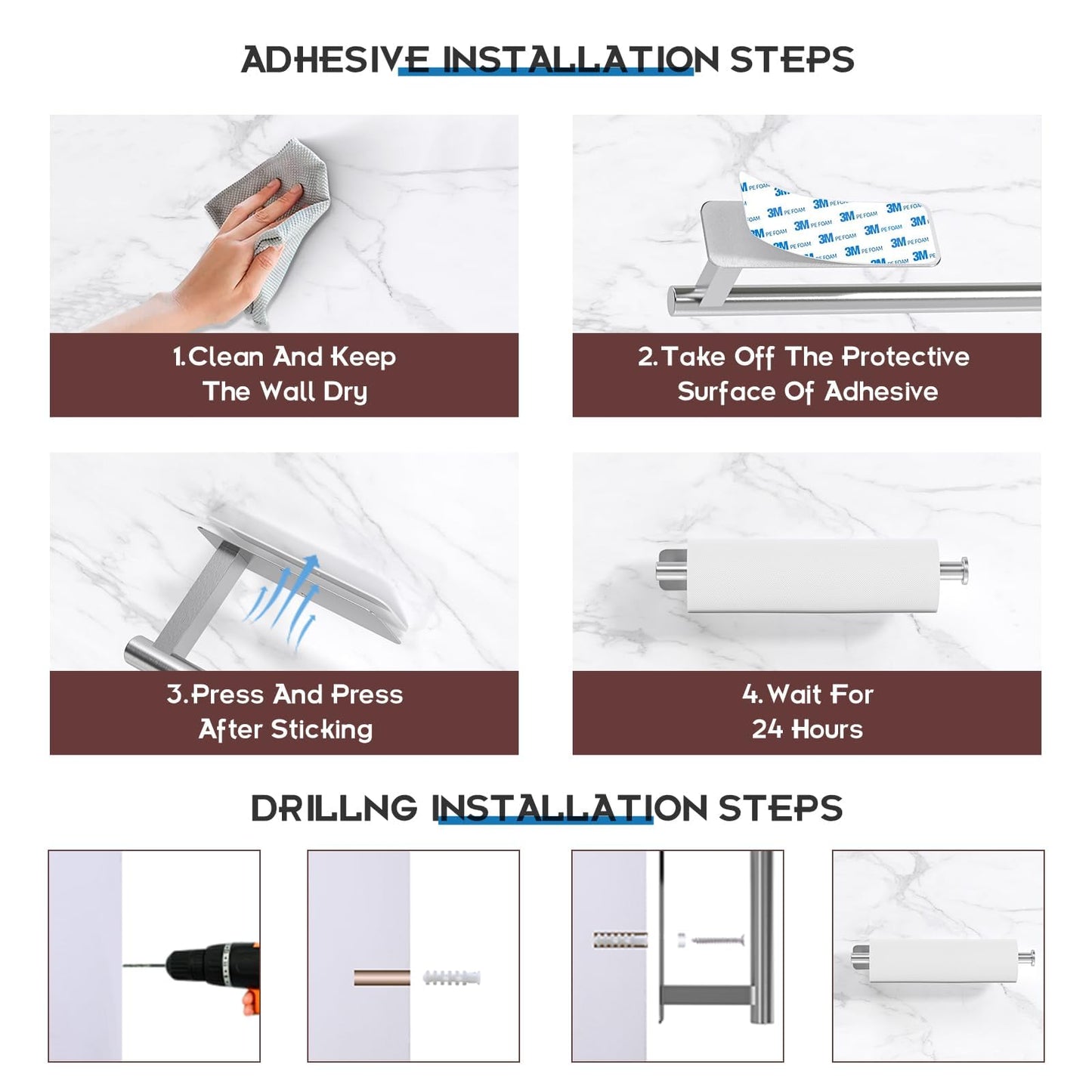 ASTOFLI Paper Towel Holder Under Cabinet No Drilling, Self Adhesive Paper Towel Holder Wall Mount for Kitchen Rack, Under Counter Napin Holder No Drill, 304 Stainless Steel Matte Black