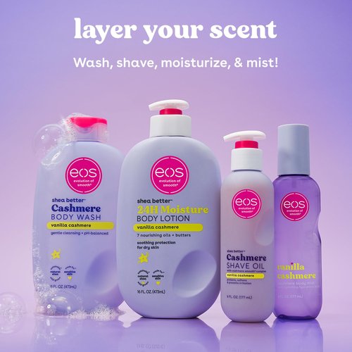 eos Cashmere Shave Oil – Vanilla Cashmere, Moisturizing Shave Oil with Shea Butter & Glycerin, Helps Prevents Irritation & Razor Burn, Vegan, 6 fl oz