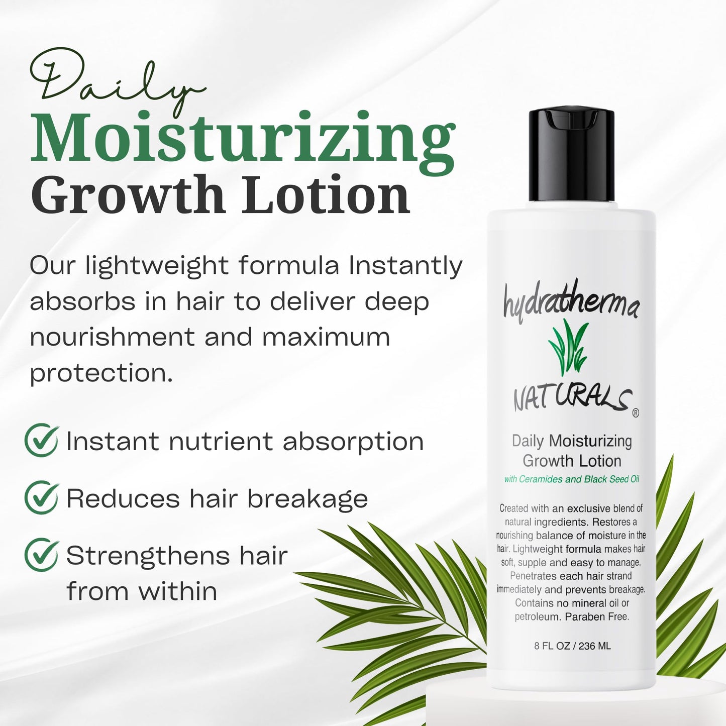 Hydratherma Naturals Daily Moisturizing Growth Lotion 8 oz. - For Thick, Curly, Coily, and Wavy Hair - Excellent for Chemically Treated or Natural Hair - Prevents Breakage and Shedding