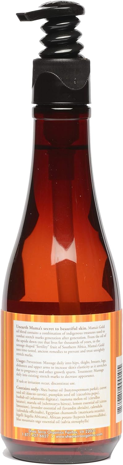 Shea Terra Organics Mama’s Gold Stretch Mark Wonder Oil - Non-Toxic All-Natural Maternity & Postpartum Belly Oil for Prevention & Repair | 8oz