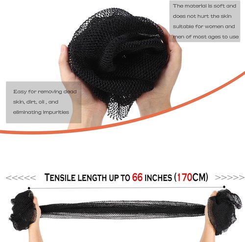 JASSINS Bath Net Sponge - Long Exfoliating Shower Body Scrubber | 66 Inch Stretch Length (Black)