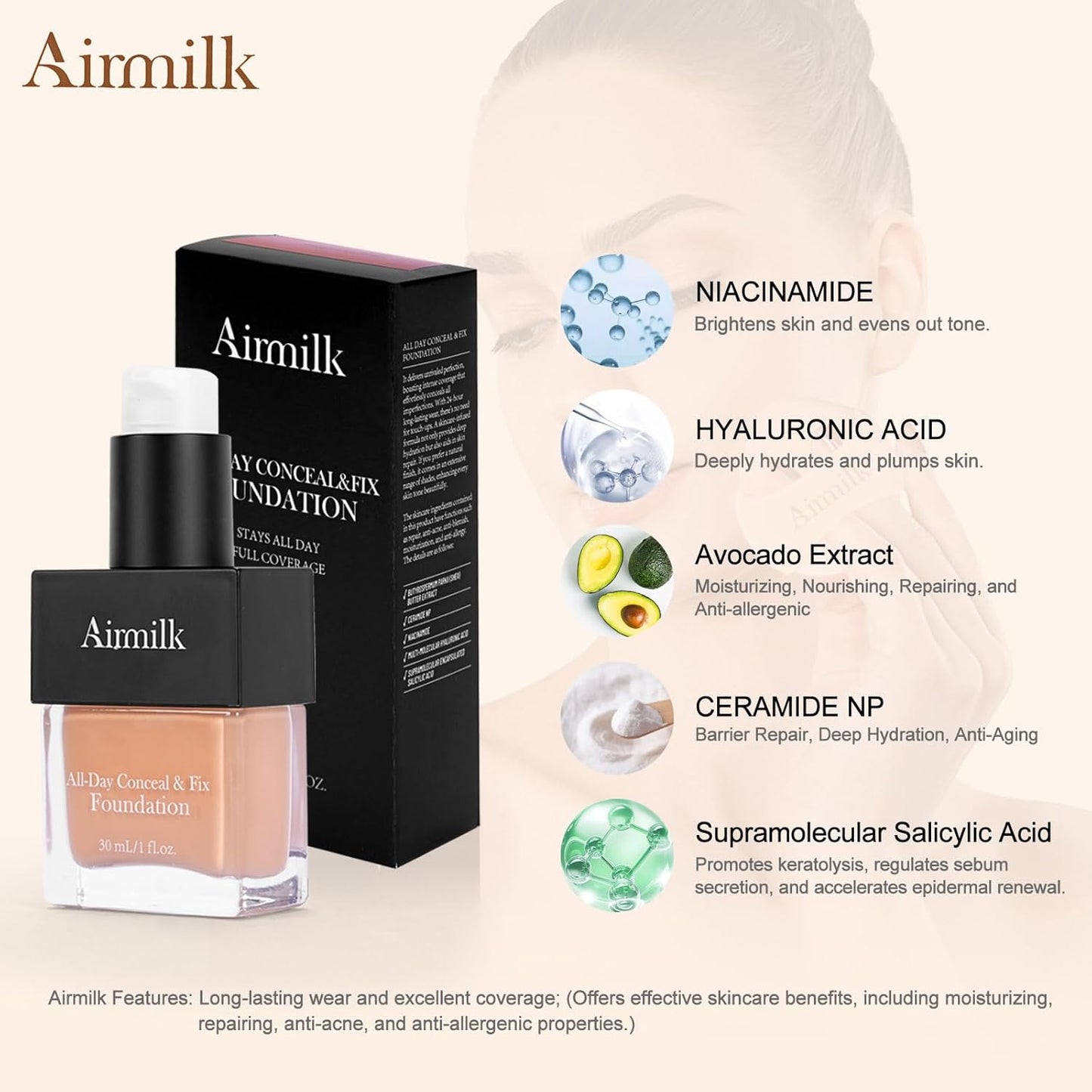 Skiennix Full Coverage Foundation - Skincare Makeup with Salicylic Acid for Sensitive Skin | 30ml Deep Cool