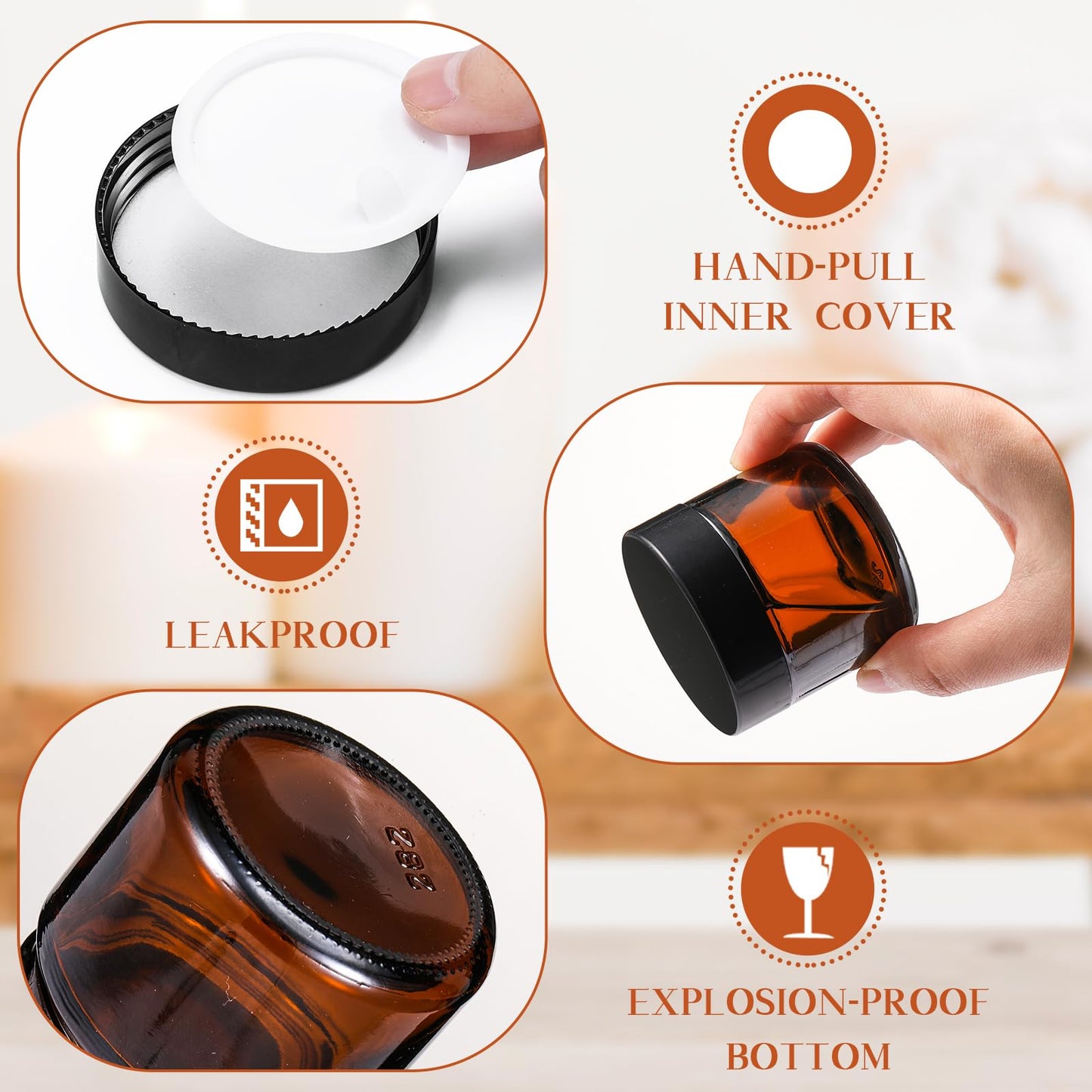 Domensi 48 Pcs 2 oz Glass Jars with Lids Travel Size Leakproof Round Airtight Empty Cosmetic Jars with Inner Liners Lid for Storing Lotions Powders Ointments Sample Cream Candle (Amber)