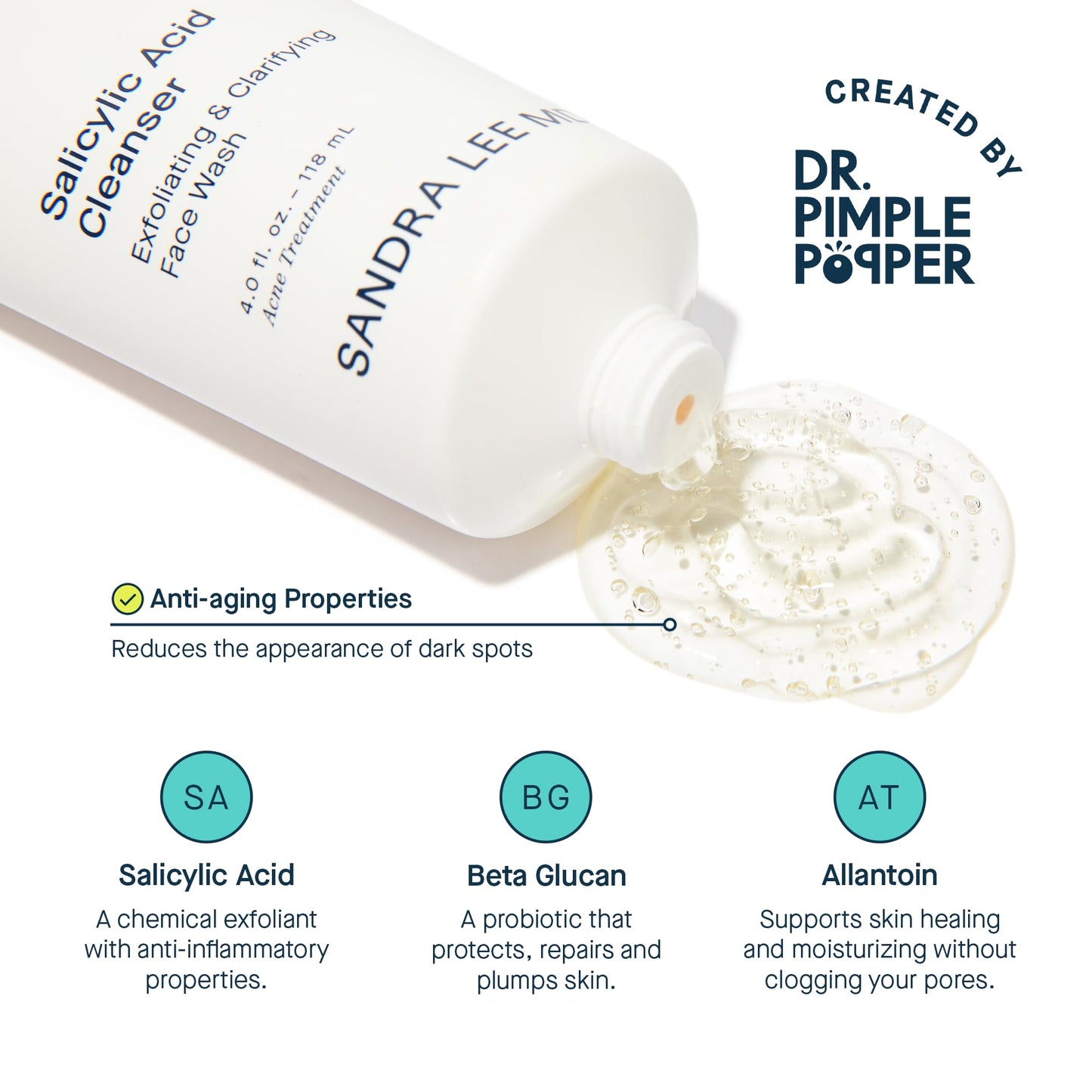 SLMD by Dr. Pimple Popper - Salicylic Acid Cleanser 4 fl oz Exfoliating Gel Cleanser Face Wash Acne Prone Skin - Treat & Prevent Active Acne - Pore Cleanser Prevents Blackheads & Whiteheads