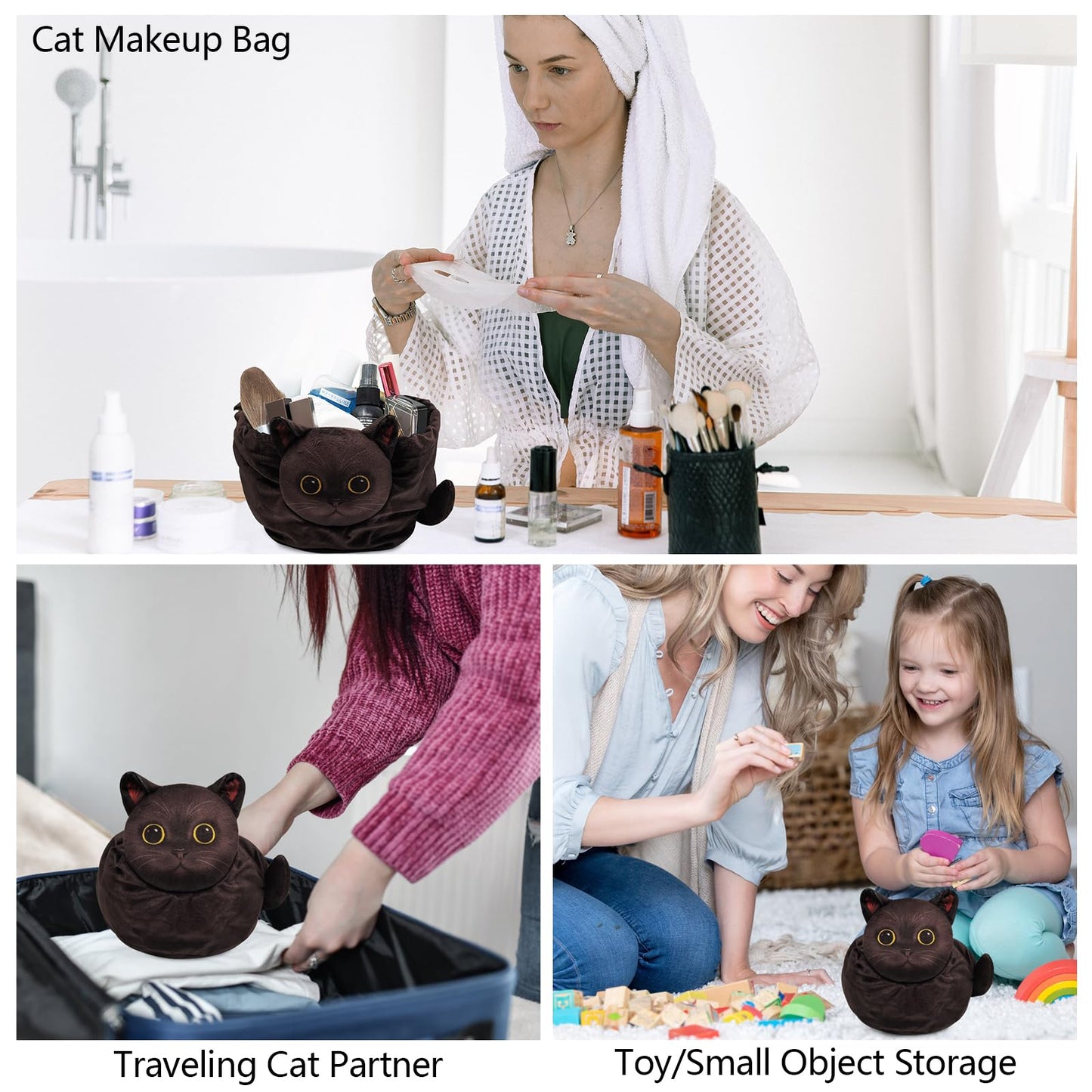 Openhahaha Drawstring Makeup Bag, Cat Makeup Bag, Travel Makeup Organizer, Cosmetic Pouch Bag, Cat Gift for Women, Lay Flat Makeup Bag Gifts for Cat Lovers(2-Pack)
