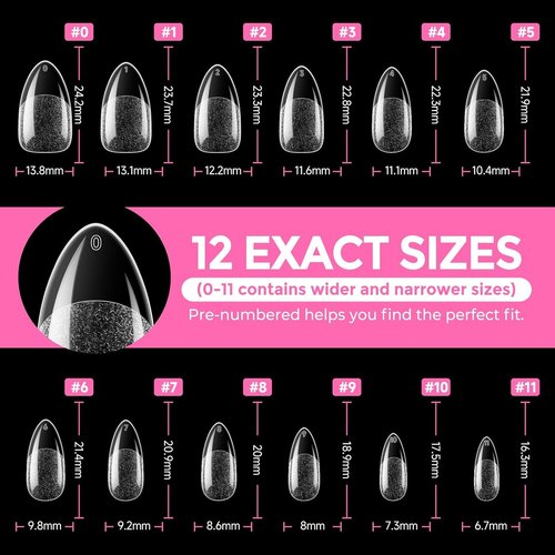 UNA GELLA Almond Nail Tips, 216pcs Pointed Almond Gel Nail Tips Pre-shape Half Matte Full Cover Clear Acrylic Soft Gel Fake Nails for Nail Extension Nail Art 12 Sizes