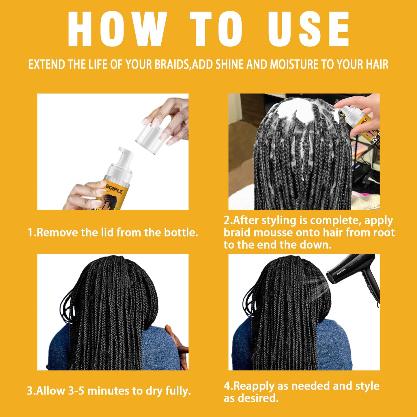 Braid Foam for Braids, Twists, Locs - No Flake Extra Hold & High Shine - Lightweight Mousse Moisturizes & Styles Hair - 8fl oz