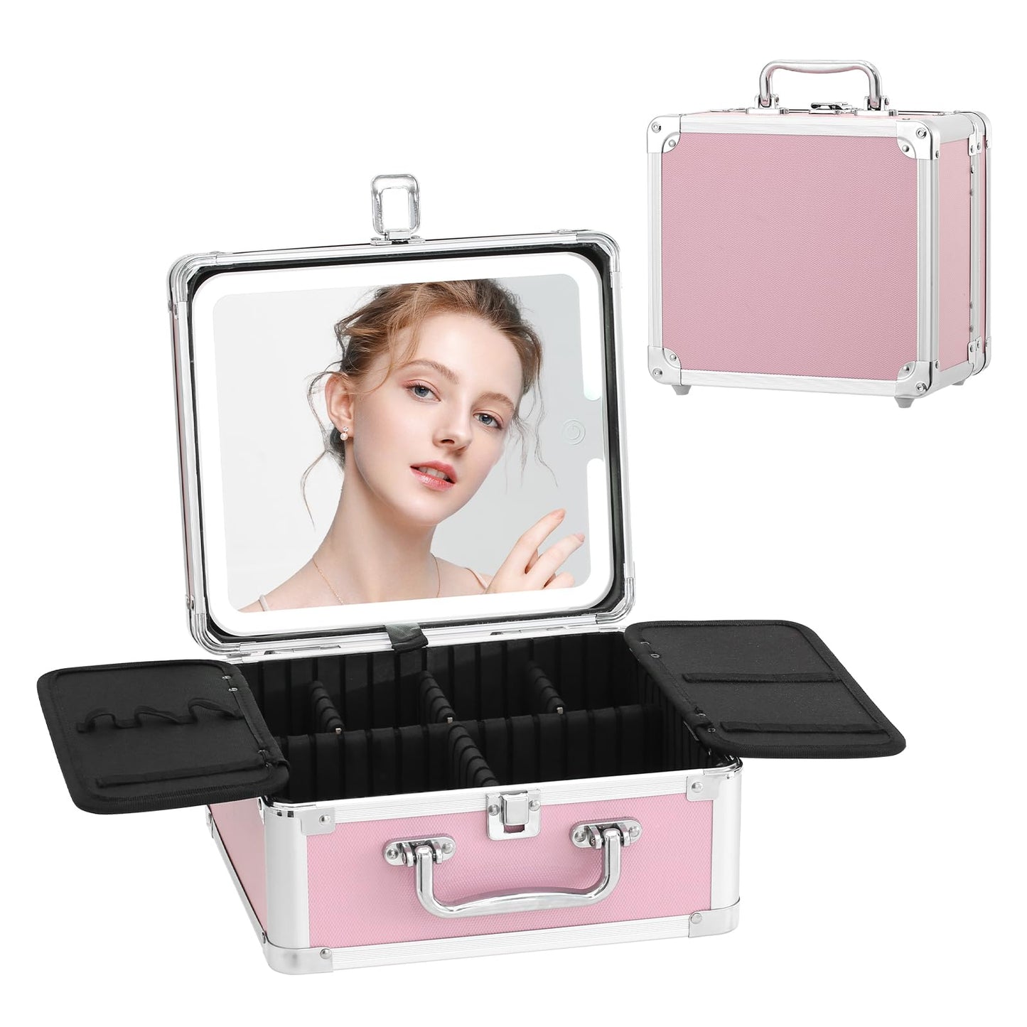 Leeora&Leekoo Makeup Box with LED Mirror & Aluminum Frame, Compact Multi-Layer Cosmetic Organizer - Portable ABS Travel Train Case for Makeup Storage(Gift for Girlfriend/Daughter) (Pink1)